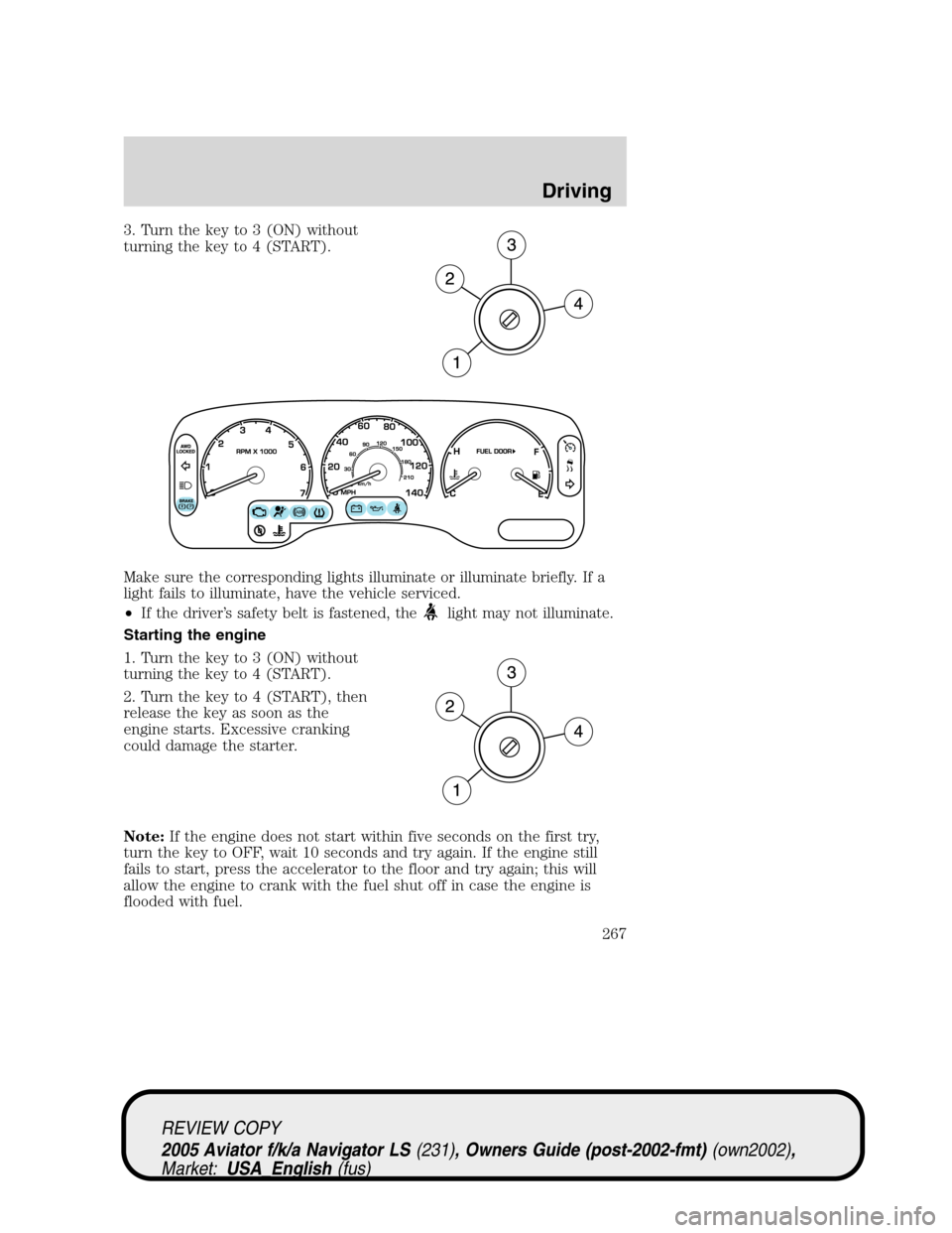 LINCOLN AVIATOR 2005 Owners Guide 3. Turn the key to 3 (ON) without
turning the key to 4 (START).
Make sure the corresponding lights illuminate or illuminate briefly. If a
light fails to illuminate, have the vehicle serviced.
•If th