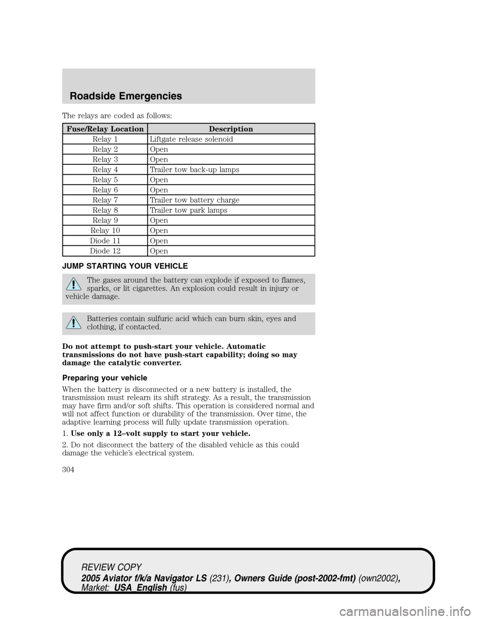 LINCOLN AVIATOR 2005  Owners Manual The relays are coded as follows:
Fuse/Relay Location Description
Relay 1 Liftgate release solenoid
Relay 2 Open
Relay 3 Open
Relay 4 Trailer tow back-up lamps
Relay 5 Open
Relay 6 Open
Relay 7 Trailer
