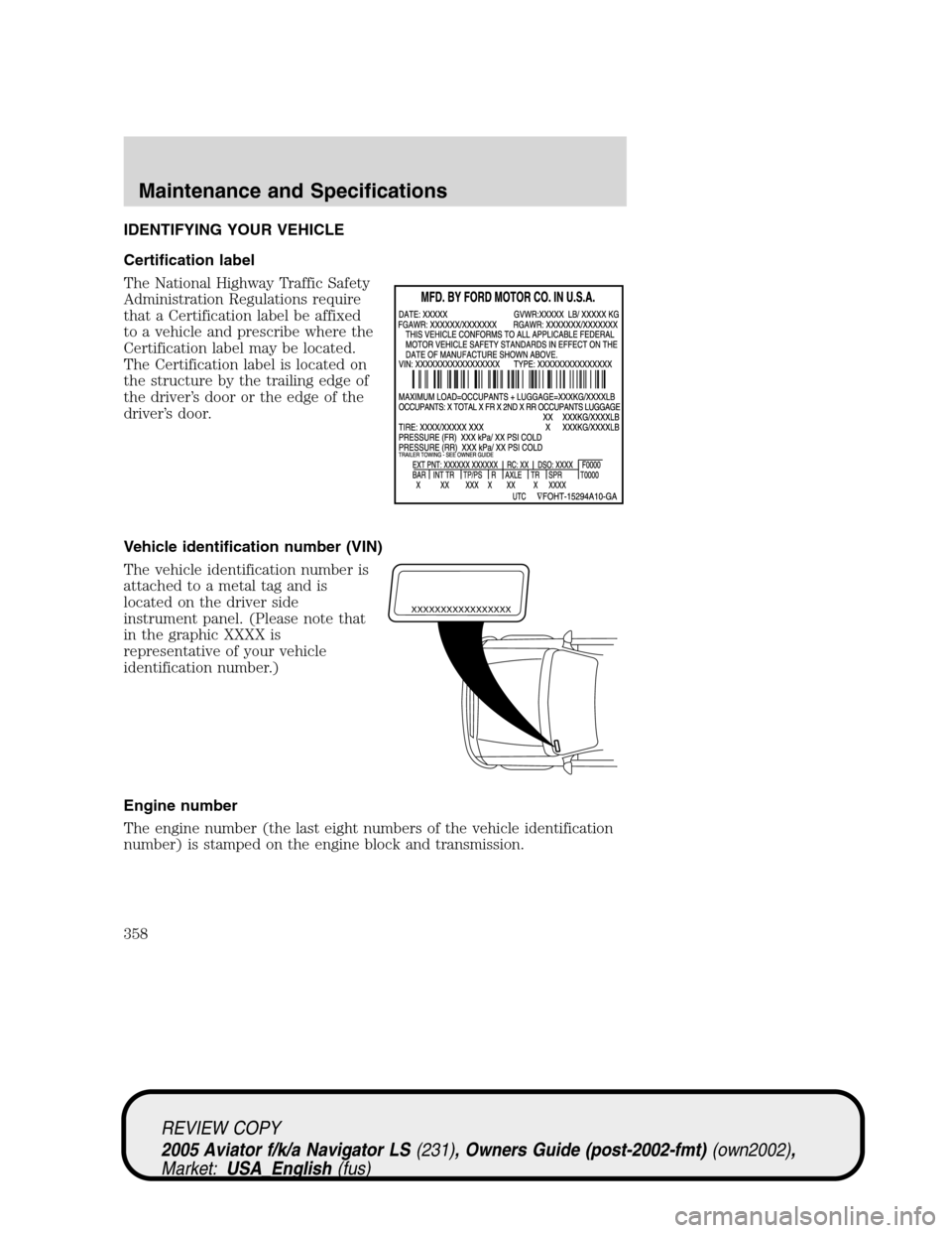 LINCOLN AVIATOR 2005 Owners Manual IDENTIFYING YOUR VEHICLE
Certification label
The National Highway Traffic Safety
Administration Regulations require
that a Certification label be affixed
to a vehicle and prescribe where the
Certifica