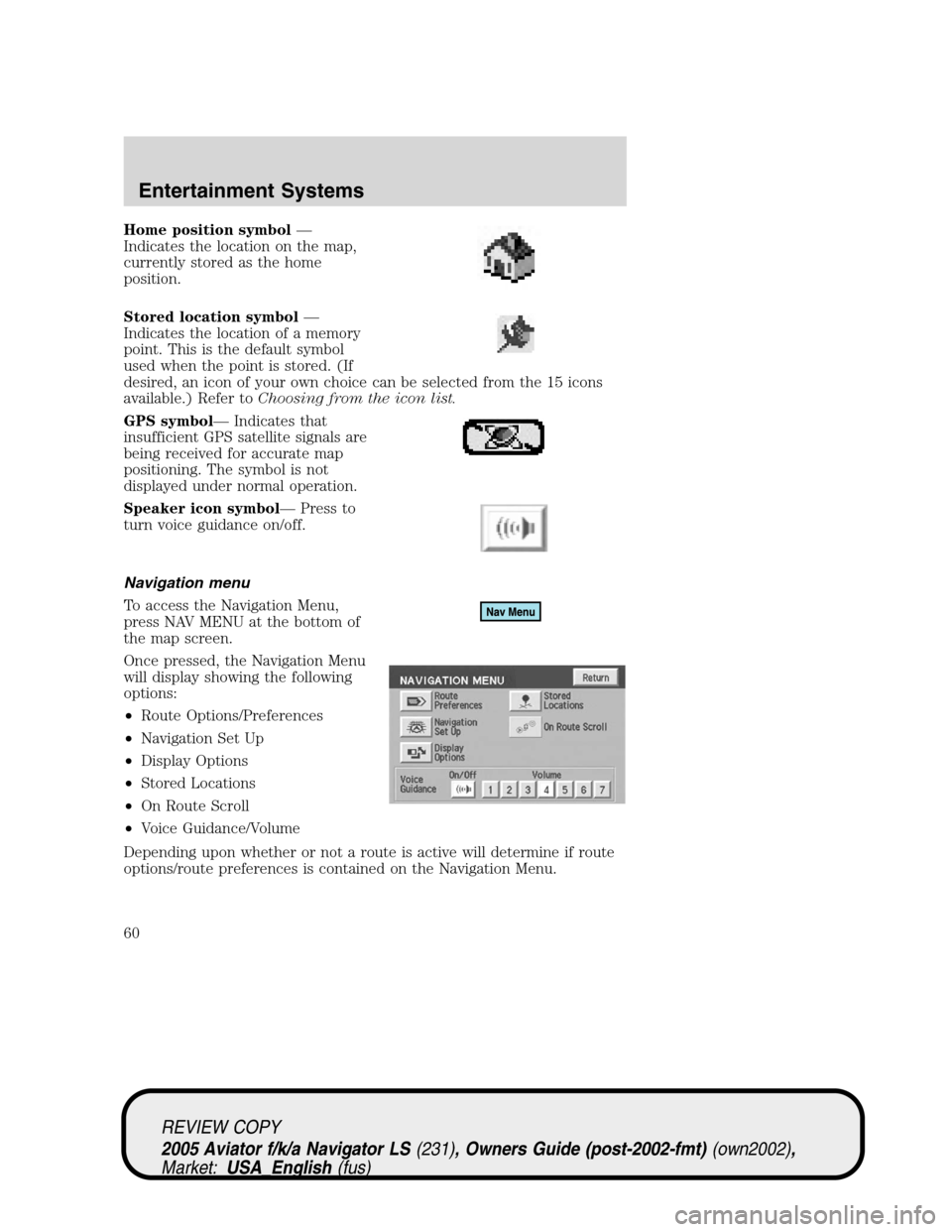 LINCOLN AVIATOR 2005 Workshop Manual Home position symbol—
Indicates the location on the map,
currently stored as the home
position.
Stored location symbol—
Indicates the location of a memory
point. This is the default symbol
used wh