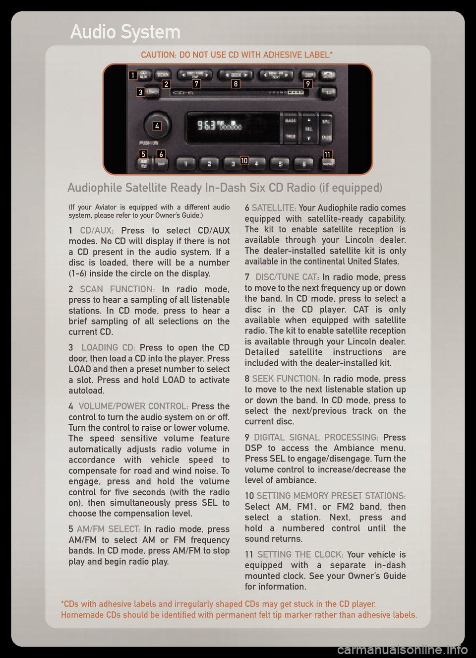 LINCOLN AVIATOR 2005  Quick Reference Guide Audio System
(If your Aviator is equipped with a different audio
system, please refer to your Owner’s Guide.)
1 CD/AUX: Press to select CD/AUX
modes. No CD will display if there is not
a CD present 