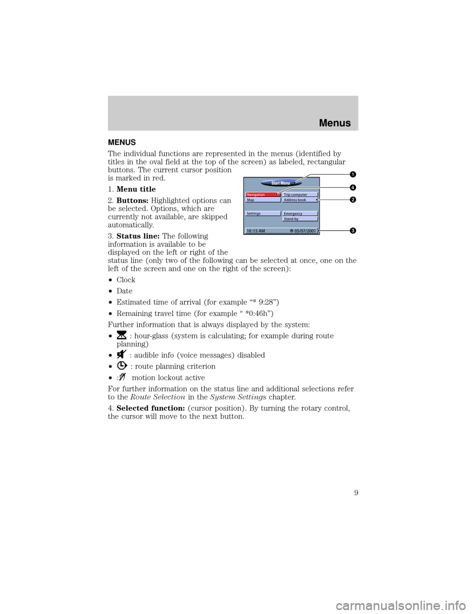 LINCOLN BLACKWOOD 2002  Navigation Manual MENUS
The individual functions are represented in the menus (identified by
titles in the oval field at the top of the screen) as labeled, rectangular
buttons. The current cursor position
is marked in 