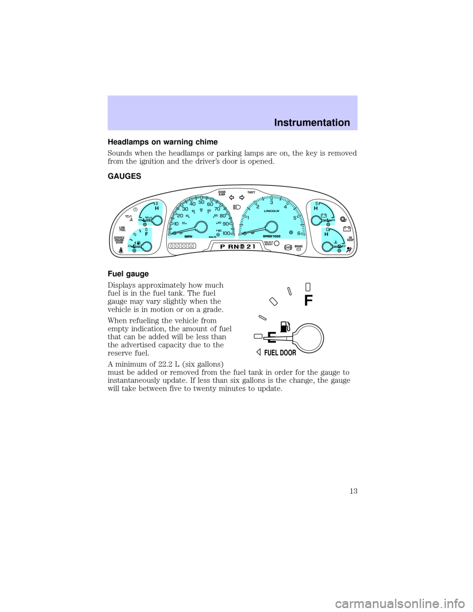 LINCOLN BLACKWOOD 2002  Owners Manual Headlamps on warning chime
Sounds when the headlamps or parking lamps are on, the key is removed
from the ignition and the drivers door is opened.
GAUGES
Fuel gauge
Displays approximately how much
fu