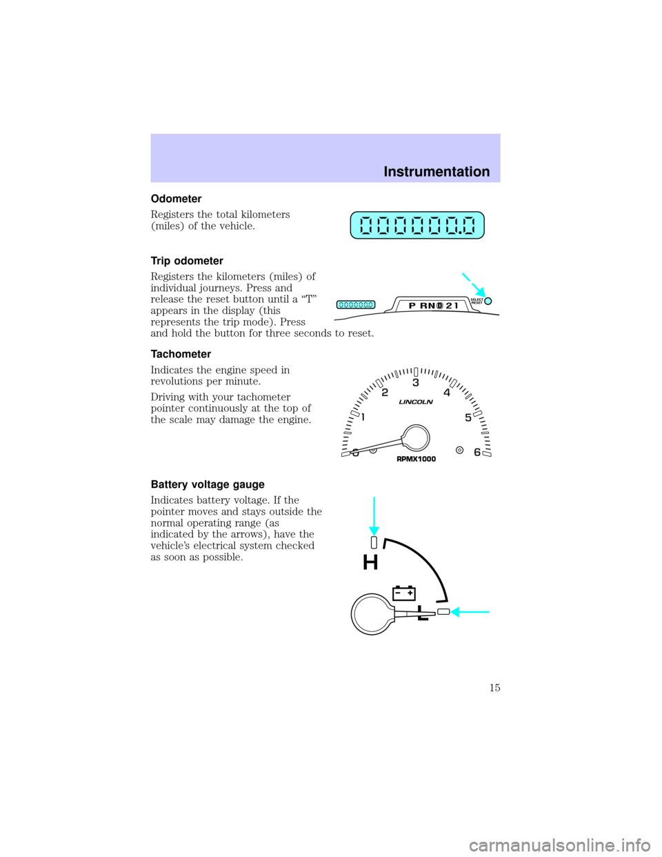 LINCOLN BLACKWOOD 2002  Owners Manual Odometer
Registers the total kilometers
(miles) of the vehicle.
Trip odometer
Registers the kilometers (miles) of
individual journeys. Press and
release the reset button until a ªTº
appears in the d