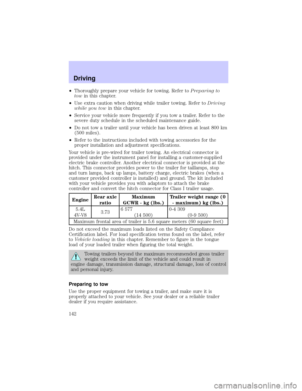 LINCOLN BLACKWOOD 2002 User Guide ²Thoroughly prepare your vehicle for towing. Refer toPreparing to
towin this chapter.
²Use extra caution when driving while trailer towing. Refer toDriving
while you towin this chapter.
²Service yo