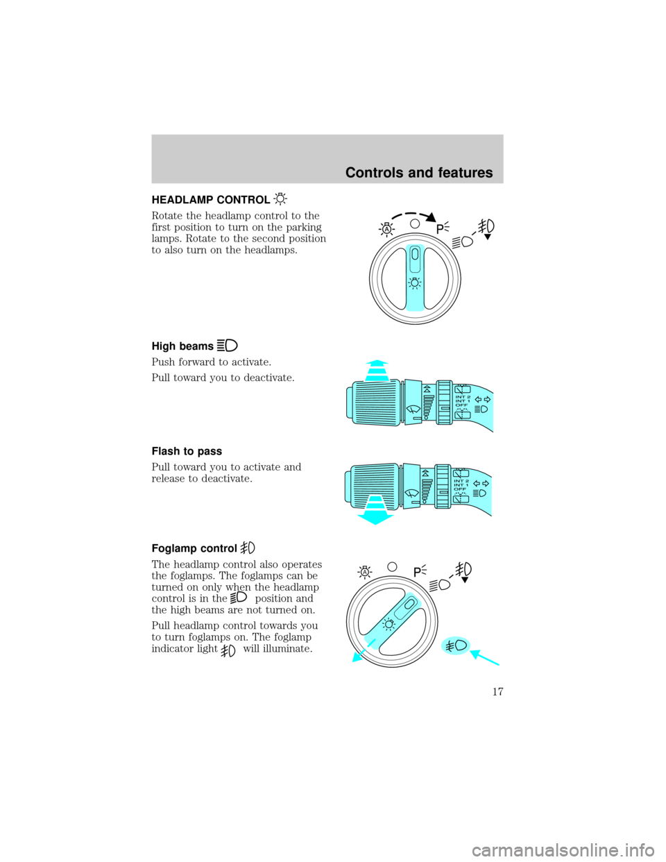 LINCOLN BLACKWOOD 2002 User Guide HEADLAMP CONTROL
Rotate the headlamp control to the
first position to turn on the parking
lamps. Rotate to the second position
to also turn on the headlamps.
High beams
Push forward to activate.
Pull 