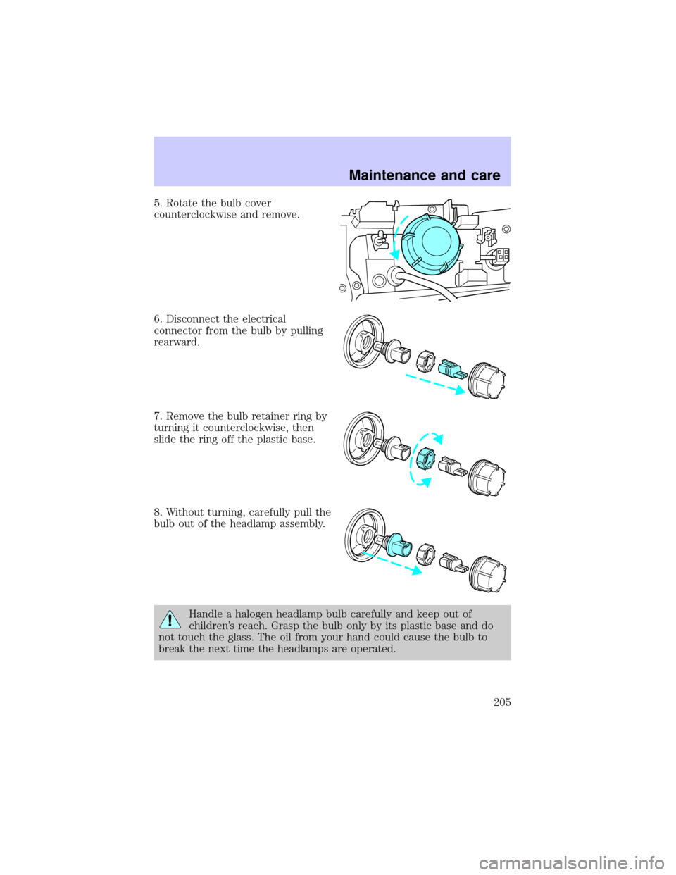 LINCOLN BLACKWOOD 2002 Owners Manual 5. Rotate the bulb cover
counterclockwise and remove.
6. Disconnect the electrical
connector from the bulb by pulling
rearward.
7. Remove the bulb retainer ring by
turning it counterclockwise, then
sl LINCOLN BLACKWOOD 2002 Owners Manual 5. Rotate the bulb cover
counterclockwise and remove.
6. Disconnect the electrical
connector from the bulb by pulling
rearward.
7. Remove the bulb retainer ring by
turning it counterclockwise, then
sl