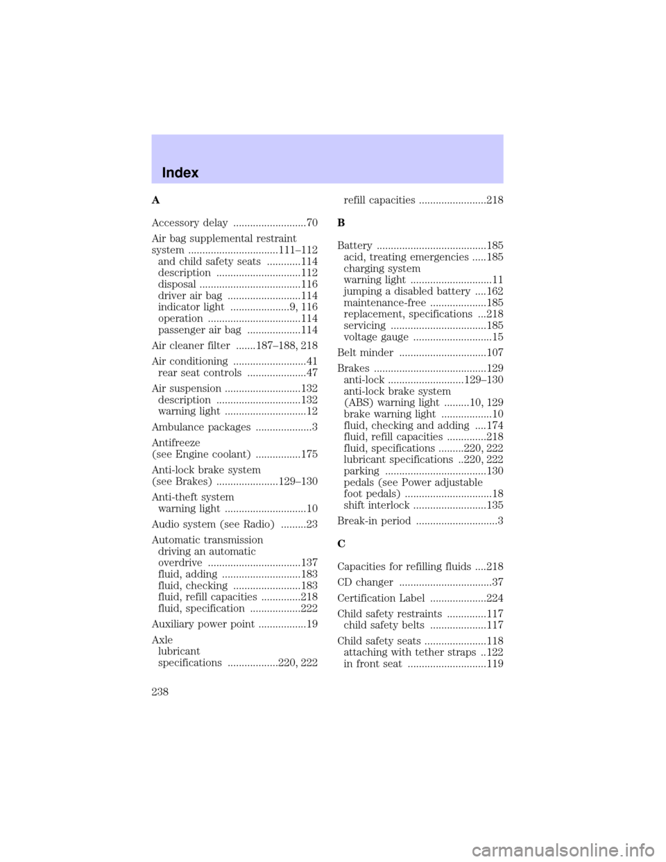 LINCOLN BLACKWOOD 2002 User Guide A
Accessory delay ..........................70
Air bag supplemental restraint
system ................................111±112
and child safety seats ............114
description .......................