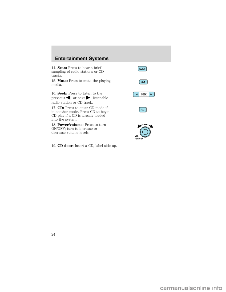 LINCOLN BLACKWOOD 2003 Owners Manual 14.Scan:Press to hear a brief
sampling of radio stations or CD
tracks.
15.Mute:Press to mute the playing
media.
16.Seek:Press to listen to the
previous
or nextlistenable
radio station or CD track.
17.