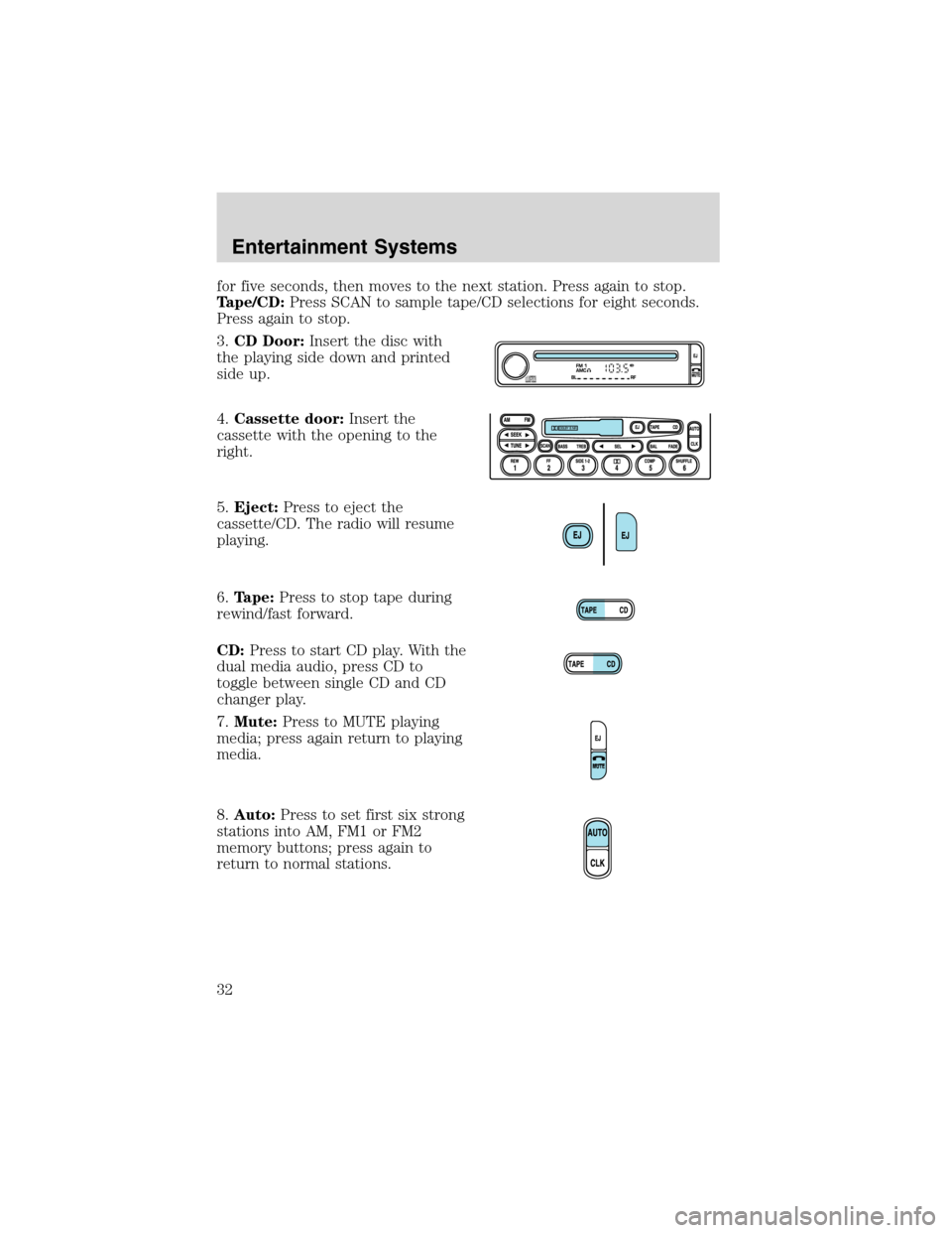 LINCOLN BLACKWOOD 2003 Owners Guide for five seconds, then moves to the next station. Press again to stop.
Tape/CD:Press SCAN to sample tape/CD selections for eight seconds.
Press again to stop.
3.CD Door:Insert the disc with
the playin