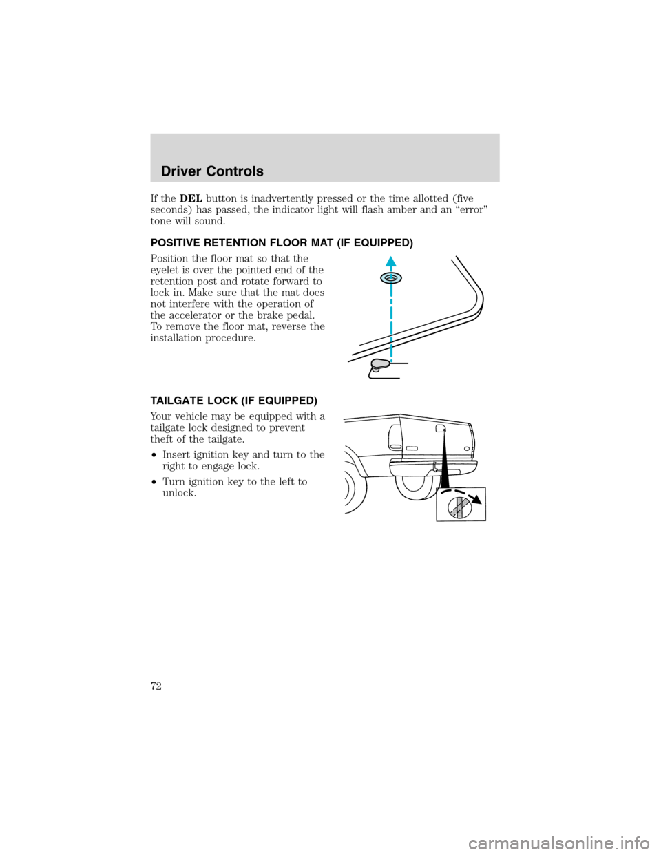 LINCOLN BLACKWOOD 2003 Manual PDF If theDELbutton is inadvertently pressed or the time allotted (five
seconds) has passed, the indicator light will flash amber and an“error”
tone will sound.
POSITIVE RETENTION FLOOR MAT (IF EQUIPP LINCOLN BLACKWOOD 2003 Manual PDF If theDELbutton is inadvertently pressed or the time allotted (five
seconds) has passed, the indicator light will flash amber and an“error”
tone will sound.
POSITIVE RETENTION FLOOR MAT (IF EQUIPP