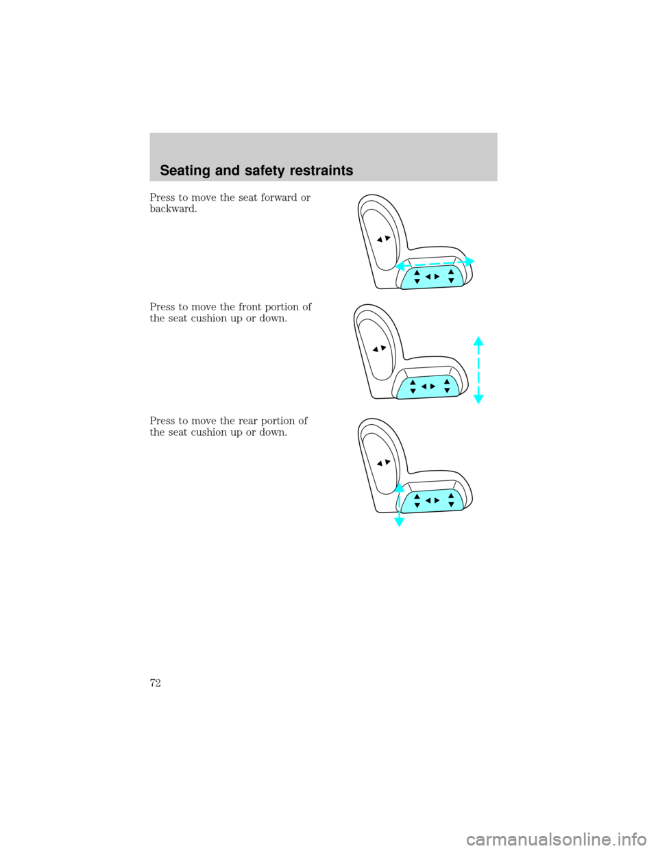 LINCOLN CONTINENTAL 1998 Manual PDF Press to move the seat forward or
backward.
Press to move the front portion of
the seat cushion up or down.
Press to move the rear portion of
the seat cushion up or down.
Seating and safety restraints LINCOLN CONTINENTAL 1998 Manual PDF Press to move the seat forward or
backward.
Press to move the front portion of
the seat cushion up or down.
Press to move the rear portion of
the seat cushion up or down.
Seating and safety restraints