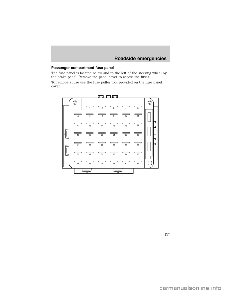 LINCOLN CONTINENTAL 1999  Owners Manual Passenger compartment fuse panel
The fuse panel is located below and to the left of the steering wheel by
the brake pedal. Remove the panel cover to access the fuses.
To remove a fuse use the fuse pul