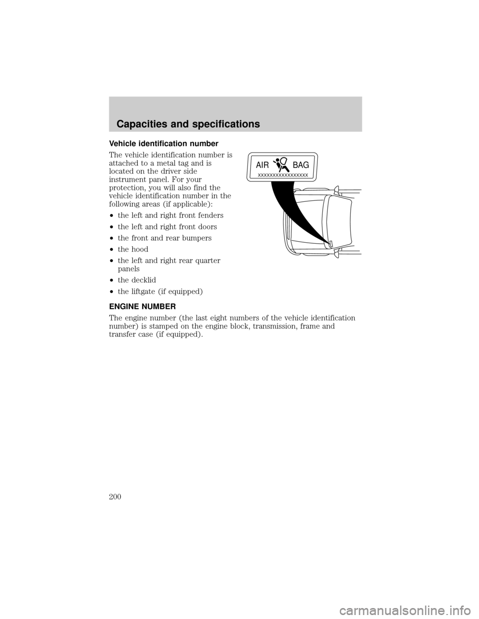 LINCOLN CONTINENTAL 1999 Repair Manual Vehicle identification number
The vehicle identification number is
attached to a metal tag and is
located on the driver side
instrument panel. For your
protection, you will also find the
vehicle ident