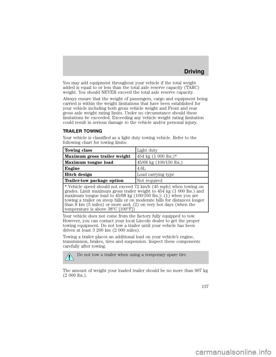 LINCOLN CONTINENTAL 2000 Owners Manual You may add equipment throughout your vehicle if the total weight
added is equal to or less than the total axle reserve capacity (TARC)
weight. You should NEVER exceed the total axle reserve capacity. LINCOLN CONTINENTAL 2000 Owners Manual You may add equipment throughout your vehicle if the total weight
added is equal to or less than the total axle reserve capacity (TARC)
weight. You should NEVER exceed the total axle reserve capacity.