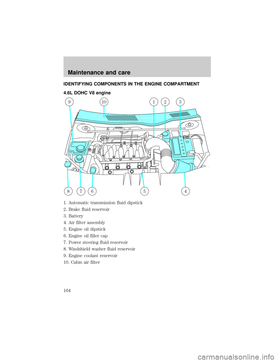 LINCOLN CONTINENTAL 2000  Owners Manual IDENTIFYING COMPONENTS IN THE ENGINE COMPARTMENT
4.6L DOHC V8 engine
1. Automatic transmission fluid dipstick
2. Brake fluid reservoir
3. Battery
4. Air filter assembly
5. Engine oil dipstick
6. Engin