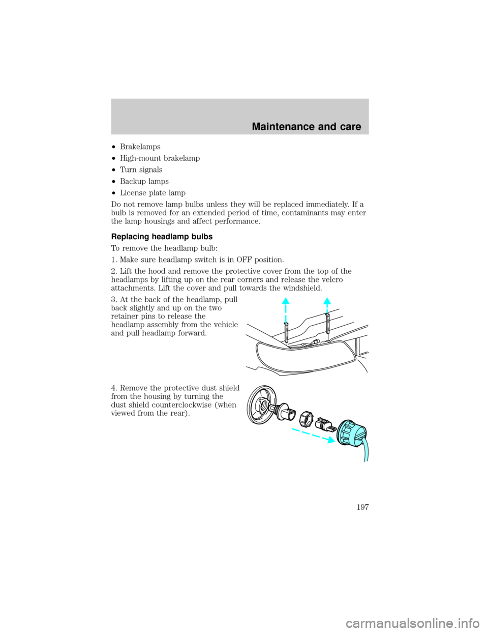 LINCOLN CONTINENTAL 2000  Owners Manual ²Brakelamps
²High-mount brakelamp
²Turn signals
²Backup lamps
²License plate lamp
Do not remove lamp bulbs unless they will be replaced immediately. If a
bulb is removed for an extended period of