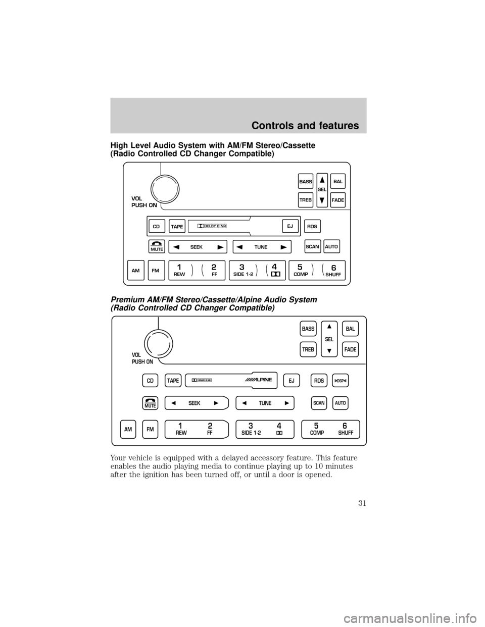 LINCOLN CONTINENTAL 2000 Owners Guide High Level Audio System with AM/FM Stereo/Cassette
(Radio Controlled CD Changer Compatible)
Premium AM/FM Stereo/Cassette/Alpine Audio System
(Radio Controlled CD Changer Compatible)
Your vehicle is e