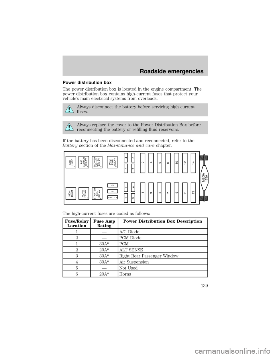 LINCOLN CONTINENTAL 2001  Owners Manual Power distribution box
The power distribution box is located in the engine compartment. The
power distribution box contains high-current fuses that protect your
vehicles main electrical systems from 