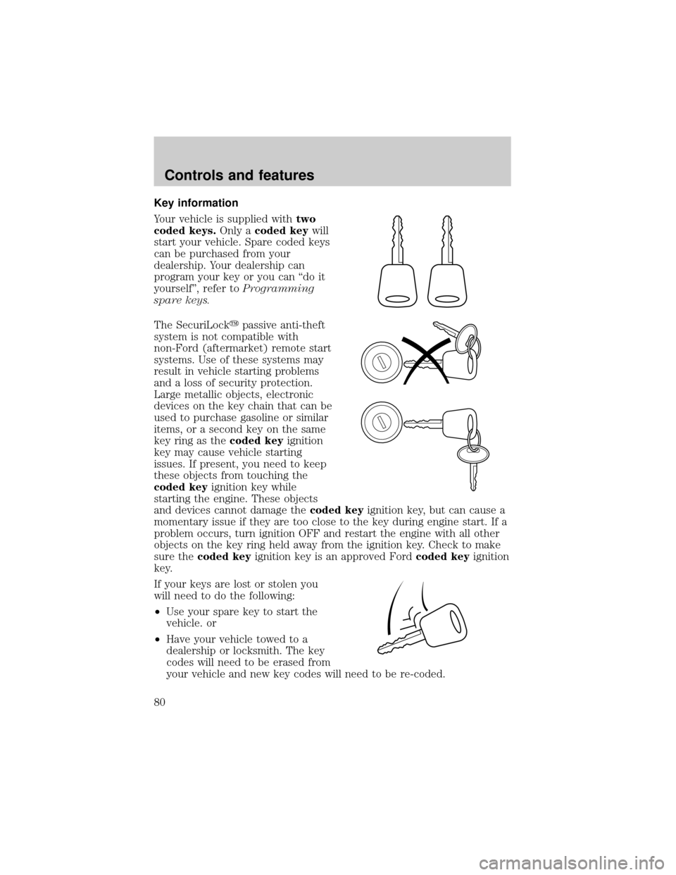 LINCOLN CONTINENTAL 2001 Manual PDF Key information
Your vehicle is supplied withtwo
coded keys.Only acoded keywill
start your vehicle. Spare coded keys
can be purchased from your
dealership. Your dealership can
program your key or you 