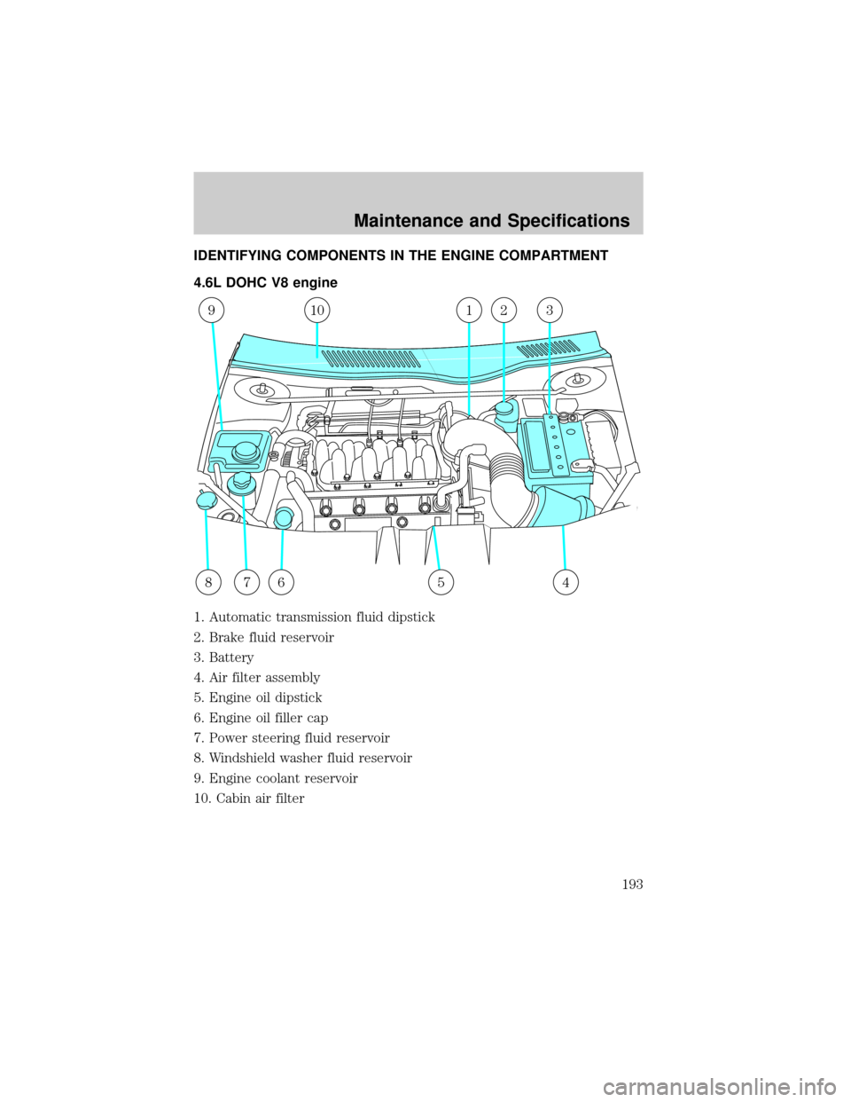 LINCOLN CONTINENTAL 2002  Owners Manual IDENTIFYING COMPONENTS IN THE ENGINE COMPARTMENT
4.6L DOHC V8 engine
1. Automatic transmission fluid dipstick
2. Brake fluid reservoir
3. Battery
4. Air filter assembly
5. Engine oil dipstick
6. Engin