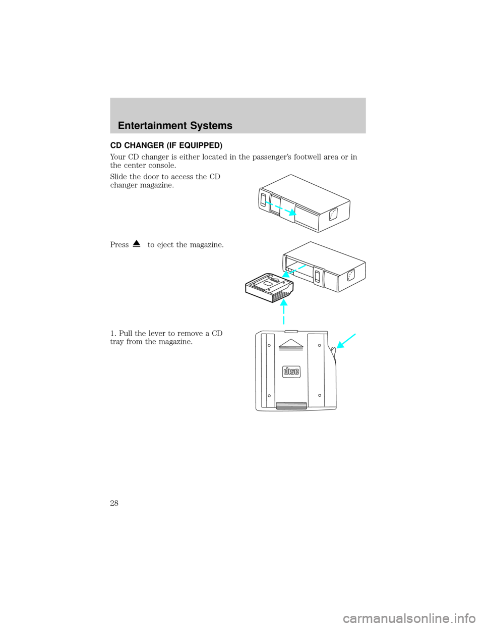 LINCOLN CONTINENTAL 2002  Owners Manual CD CHANGER (IF EQUIPPED)
Your CD changer is either located in the passengers footwell area or in
the center console.
Slide the door to access the CD
changer magazine.
Press
to eject the magazine.
1. 