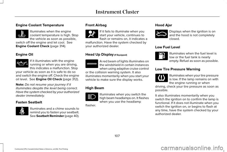 LINCOLN CONTINENTAL 2017  Owners Manual Engine Coolant Temperature
Illuminates when the engine
coolant temperature is high. Stop
the vehicle as soon as possible,
switch off the engine and let cool.  See
Engine Coolant Check (page 314).
Engi