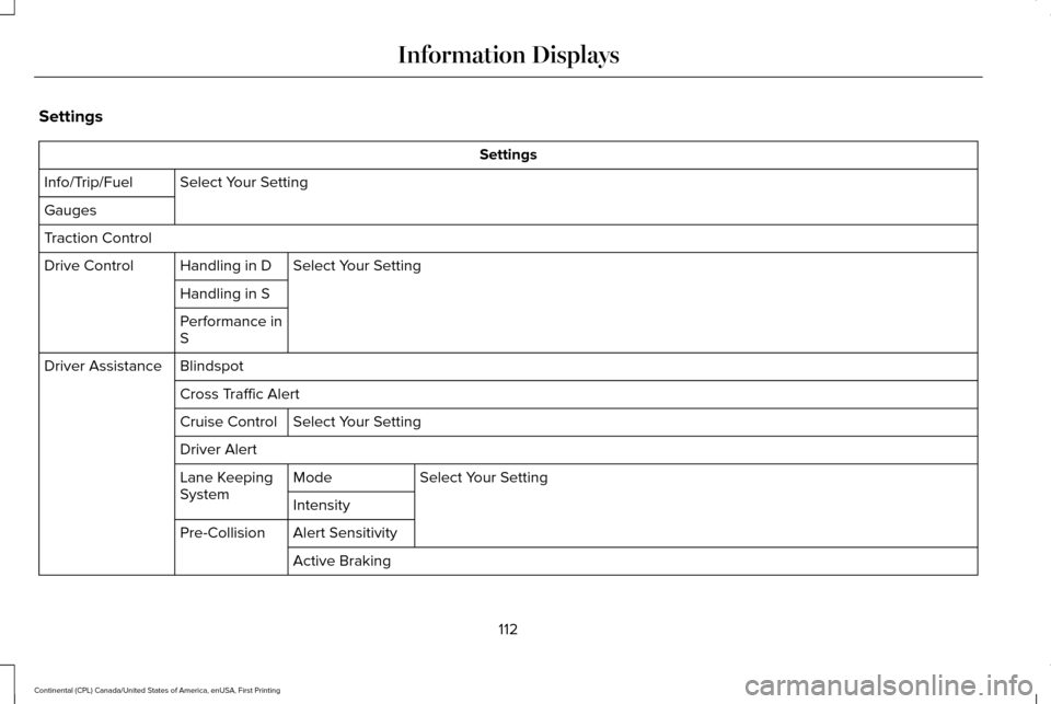 LINCOLN CONTINENTAL 2017  Owners Manual Settings
Settings
Select Your Setting
Info/Trip/Fuel
Gauges
Traction Control
Select Your Setting
Handling in D
Drive Control
Handling in S
Performance in
S
Blindspot
Driver Assistance
Cross Traffic Al