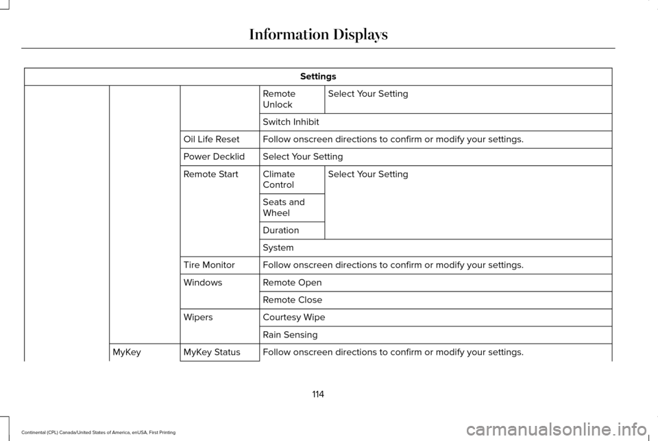 LINCOLN CONTINENTAL 2017  Owners Manual Settings
Select Your Setting
Remote
Unlock
Switch Inhibit
Follow onscreen directions to confirm or modify your settings.
Oil Life Reset
Select Your Setting
Power Decklid
Select Your Setting
Climate
Co