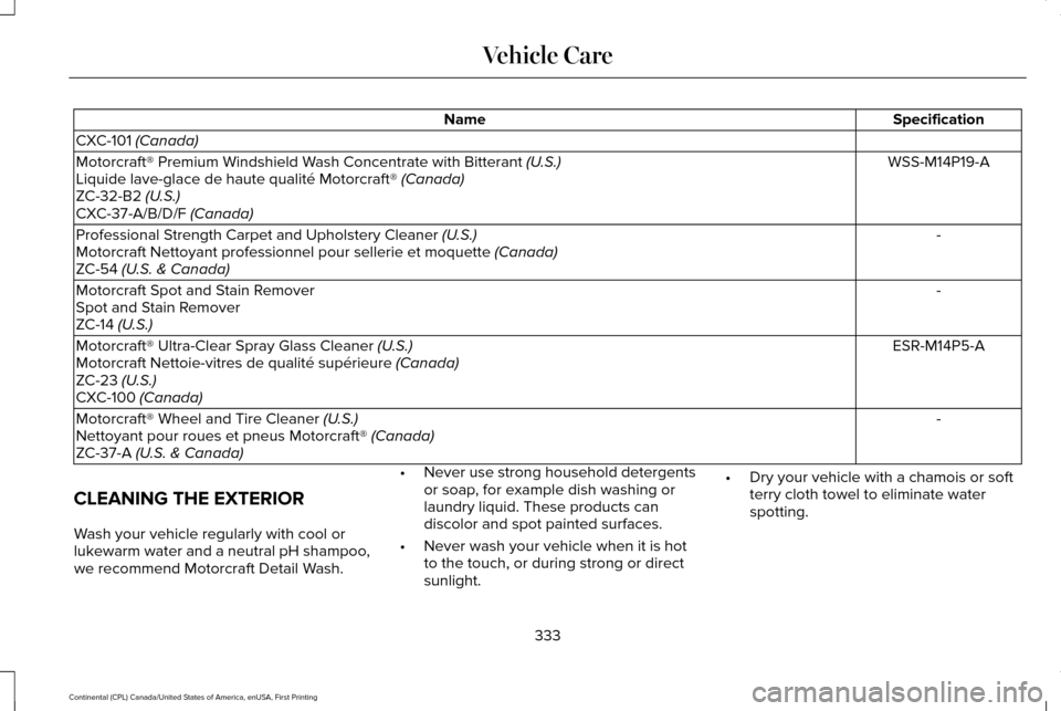 LINCOLN CONTINENTAL 2017  Owners Manual Specification
Name
CXC-101 (Canada) WSS-M14P19-A
Motorcraft® Premium Windshield Wash Concentrate with Bitterant
 (U.S.)
Liquide lave-glace de haute qualité Motorcraft® (Canada)
ZC-32-B2 (U.S.)
CXC-