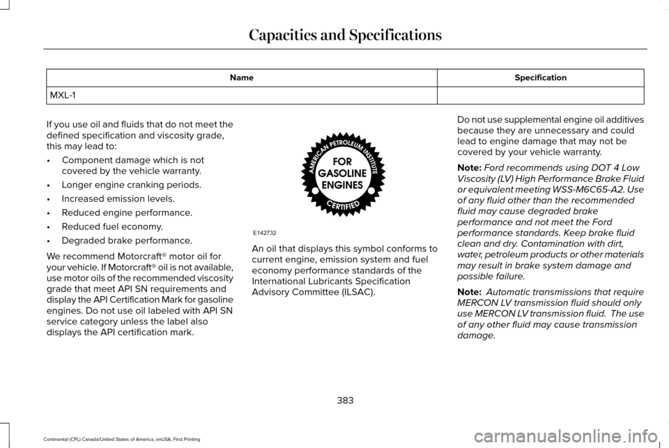 LINCOLN CONTINENTAL 2017 Owners Manual Specification
Name
MXL-1
If you use oil and fluids that do not meet the
defined specification and viscosity grade,
this may lead to:
• Component damage which is not
covered by the vehicle warranty.
LINCOLN CONTINENTAL 2017 Owners Manual Specification
Name
MXL-1
If you use oil and fluids that do not meet the
defined specification and viscosity grade,
this may lead to:
• Component damage which is not
covered by the vehicle warranty.