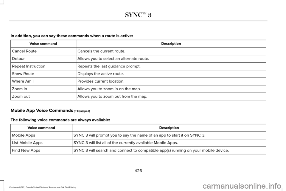 LINCOLN CONTINENTAL 2017 Owners Manual In addition, you can say these commands when a route is active:
Description
Voice command
Cancels the current route.
Cancel Route
Allows you to select an alternate route.
Detour
Repeats the last guida LINCOLN CONTINENTAL 2017 Owners Manual In addition, you can say these commands when a route is active:
Description
Voice command
Cancels the current route.
Cancel Route
Allows you to select an alternate route.
Detour
Repeats the last guida