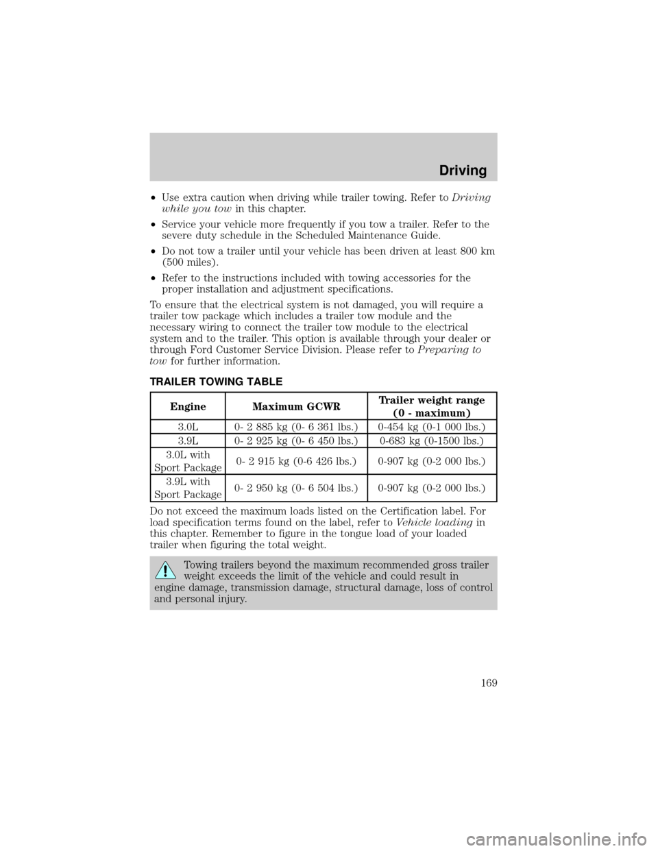 LINCOLN LS 2000 Service Manual ²Use extra caution when driving while trailer towing. Refer toDriving
while you towin this chapter.
²Service your vehicle more frequently if you tow a trailer. Refer to the
severe duty schedule in t