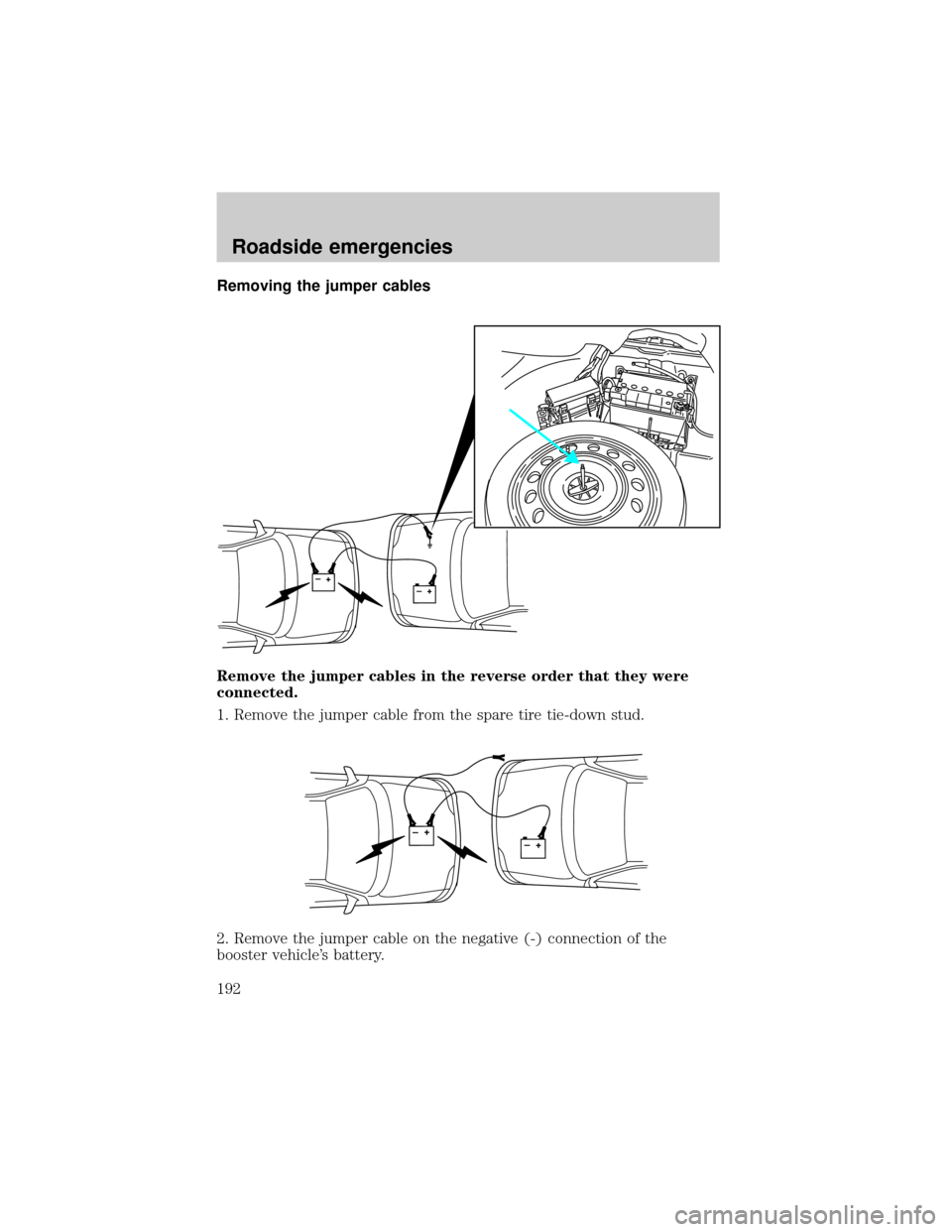 LINCOLN LS 2000  Owners Manual Removing the jumper cables
Remove the jumper cables in the reverse order that they were
connected.
1. Remove the jumper cable from the spare tire tie-down stud.
2. Remove the jumper cable on the negat