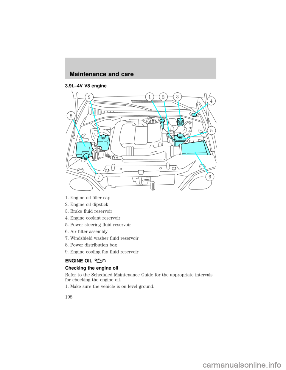 LINCOLN LS 2000 Owners Manual 3.9L±4V V8 engine
1. Engine oil filler cap
2. Engine oil dipstick
3. Brake fluid reservoir
4. Engine coolant reservoir
5. Power steering fluid reservoir
6. Air filter assembly
7. Windshield washer fl