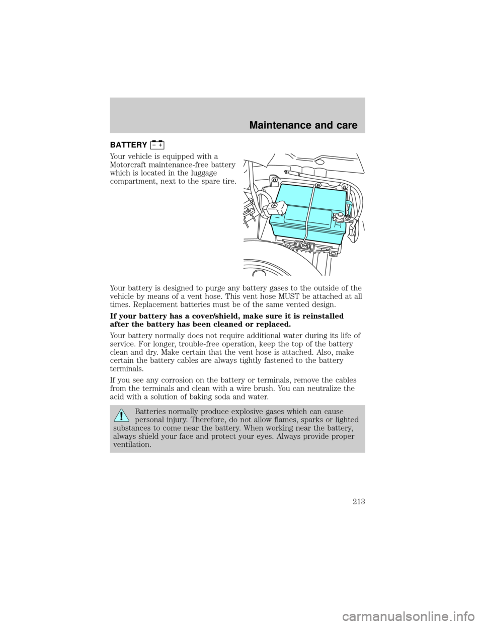 LINCOLN LS 2000  Owners Manual BATTERY
Your vehicle is equipped with a
Motorcraft maintenance-free battery
which is located in the luggage
compartment, next to the spare tire.
Your battery is designed to purge any battery gases to 