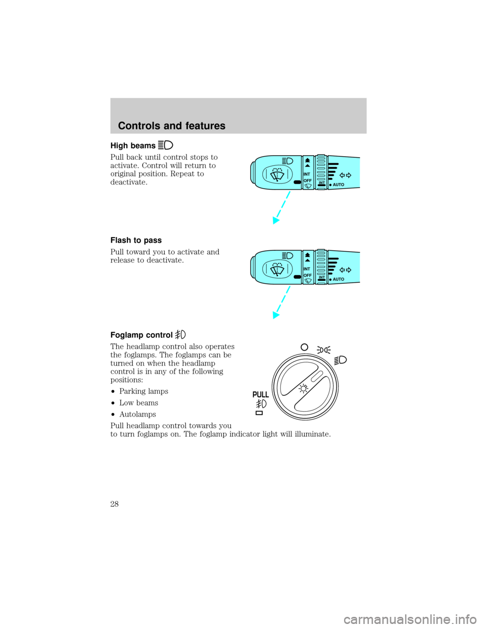 LINCOLN LS 2000  Owners Manual High beams
Pull back until control stops to
activate. Control will return to
original position. Repeat to
deactivate.
Flash to pass
Pull toward you to activate and
release to deactivate.
Foglamp contr