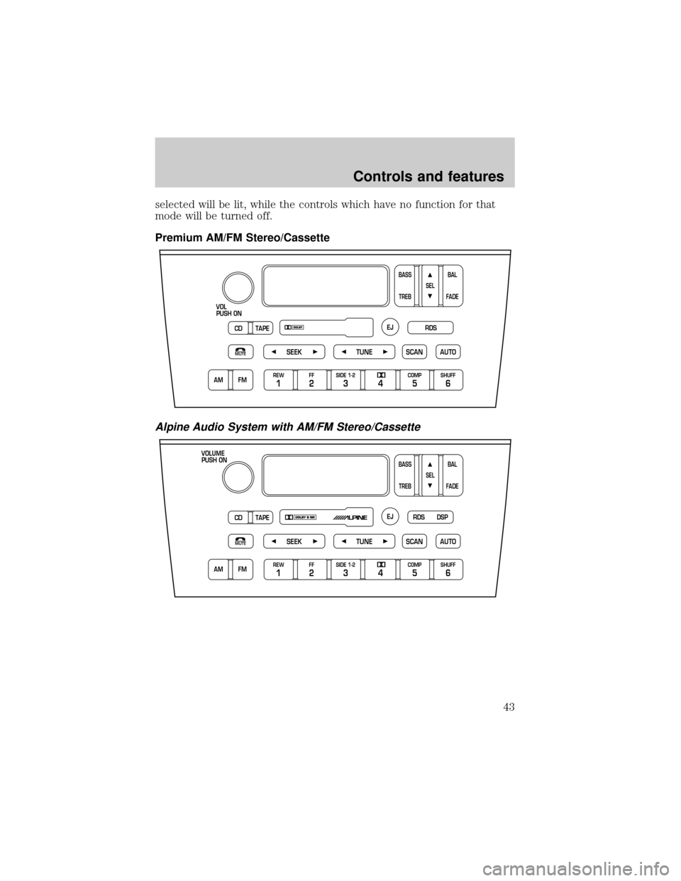 LINCOLN LS 2000 Service Manual selected will be lit, while the controls which have no function for that
mode will be turned off.
Premium AM/FM Stereo/Cassette
Alpine Audio System with AM/FM Stereo/Cassette
SEEKMUTE
VOL
PUSH ON
CD T LINCOLN LS 2000 Service Manual selected will be lit, while the controls which have no function for that
mode will be turned off.
Premium AM/FM Stereo/Cassette
Alpine Audio System with AM/FM Stereo/Cassette
SEEKMUTE
VOL
PUSH ON
CD T