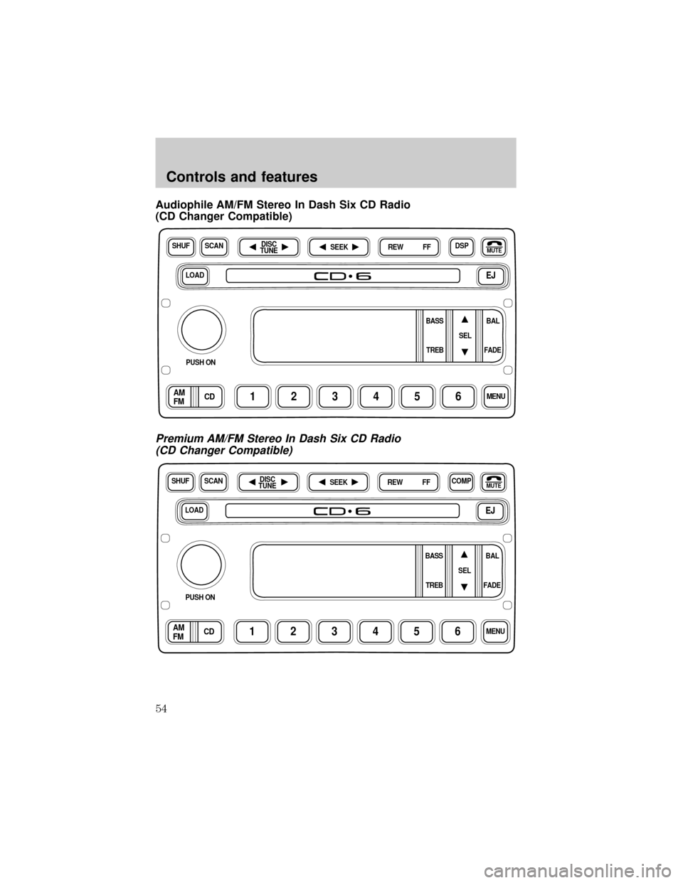 LINCOLN LS 2000  Owners Manual Audiophile AM/FM Stereo In Dash Six CD Radio
(CD Changer Compatible)
Premium AM/FM Stereo In Dash Six CD Radio
(CD Changer Compatible)
LOADEJ
SHUFDSPMUTE
SELBAL BASS
FADE TREB
SCAN
PUSH ON
CD123456MEN