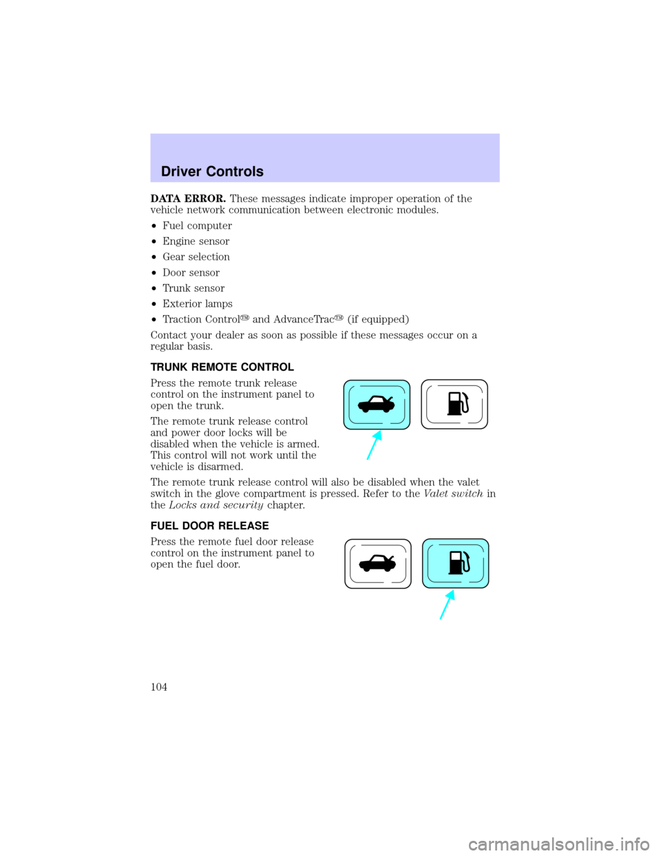 LINCOLN LS 2002  Owners Manual DATA ERROR.These messages indicate improper operation of the
vehicle network communication between electronic modules.
²Fuel computer
²Engine sensor
²Gear selection
²Door sensor
²Trunk sensor
²E