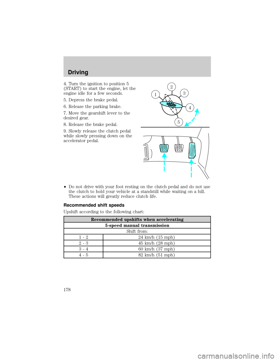 LINCOLN LS 2002 Service Manual 4. Turn the ignition to position 5
(START) to start the engine, let the
engine idle for a few seconds.
5. Depress the brake pedal.
6. Release the parking brake.
7. Move the gearshift lever to the
desi LINCOLN LS 2002 Service Manual 4. Turn the ignition to position 5
(START) to start the engine, let the
engine idle for a few seconds.
5. Depress the brake pedal.
6. Release the parking brake.
7. Move the gearshift lever to the
desi