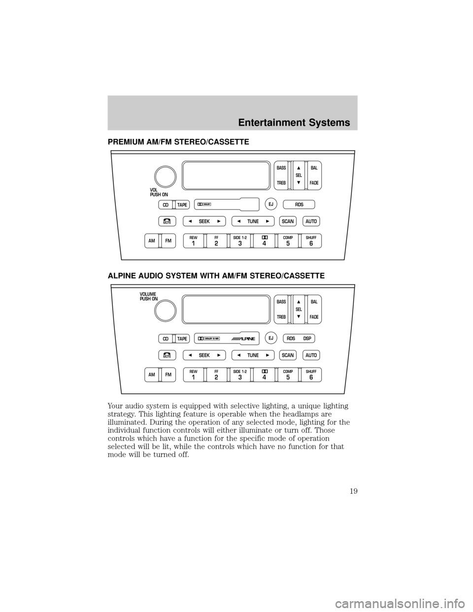 LINCOLN LS 2002 User Guide PREMIUM AM/FM STEREO/CASSETTE
ALPINE AUDIO SYSTEM WITH AM/FM STEREO/CASSETTE
Your audio system is equipped with selective lighting, a unique lighting
strategy. This lighting feature is operable when t LINCOLN LS 2002 User Guide PREMIUM AM/FM STEREO/CASSETTE
ALPINE AUDIO SYSTEM WITH AM/FM STEREO/CASSETTE
Your audio system is equipped with selective lighting, a unique lighting
strategy. This lighting feature is operable when t