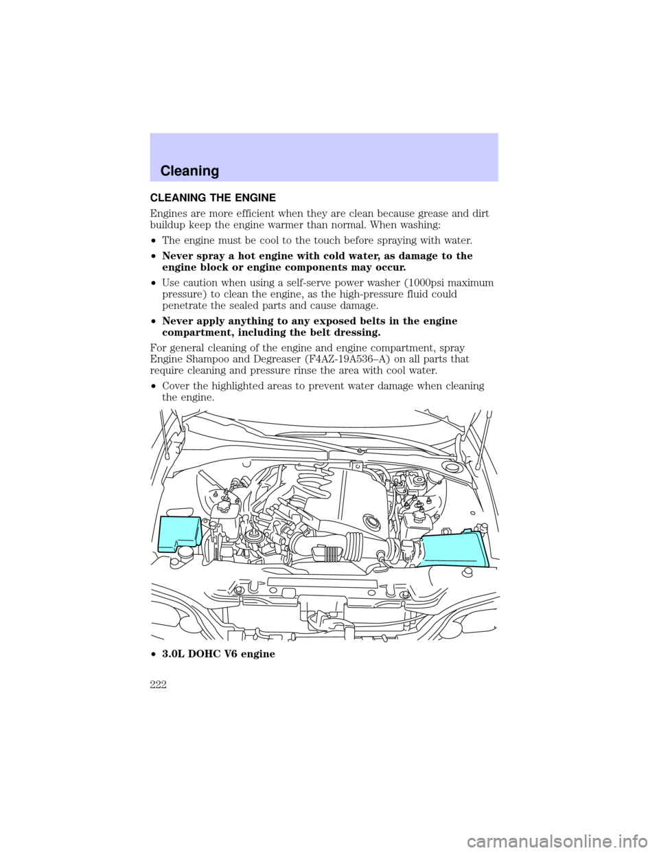 LINCOLN LS 2002 User Guide CLEANING THE ENGINE
Engines are more efficient when they are clean because grease and dirt
buildup keep the engine warmer than normal. When washing:
²The engine must be cool to the touch before spray