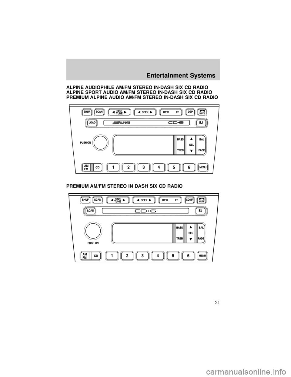 LINCOLN LS 2002  Owners Manual ALPINE AUDIOPHILE AM/FM STEREO IN-DASH SIX CD RADIO
ALPINE SPORT AUDIO AM/FM STEREO IN-DASH SIX CD RADIO
PREMIUM ALPINE AUDIO AM/FM STEREO IN-DASH SIX CD RADIO
PREMIUM AM/FM STEREO IN DASH SIX CD RADI