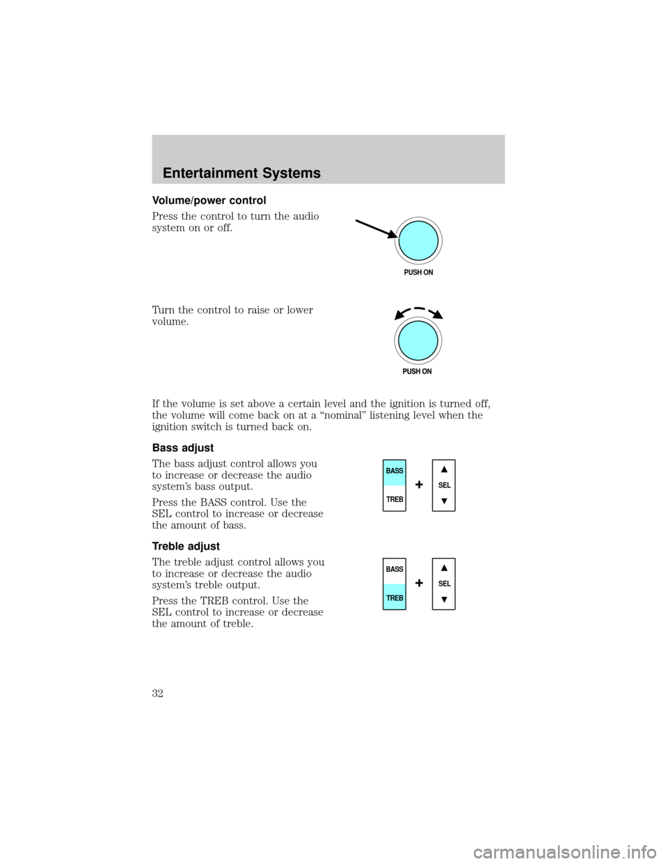 LINCOLN LS 2002  Owners Manual Volume/power control
Press the control to turn the audio
system on or off.
Turn the control to raise or lower
volume.
If the volume is set above a certain level and the ignition is turned off,
the vol