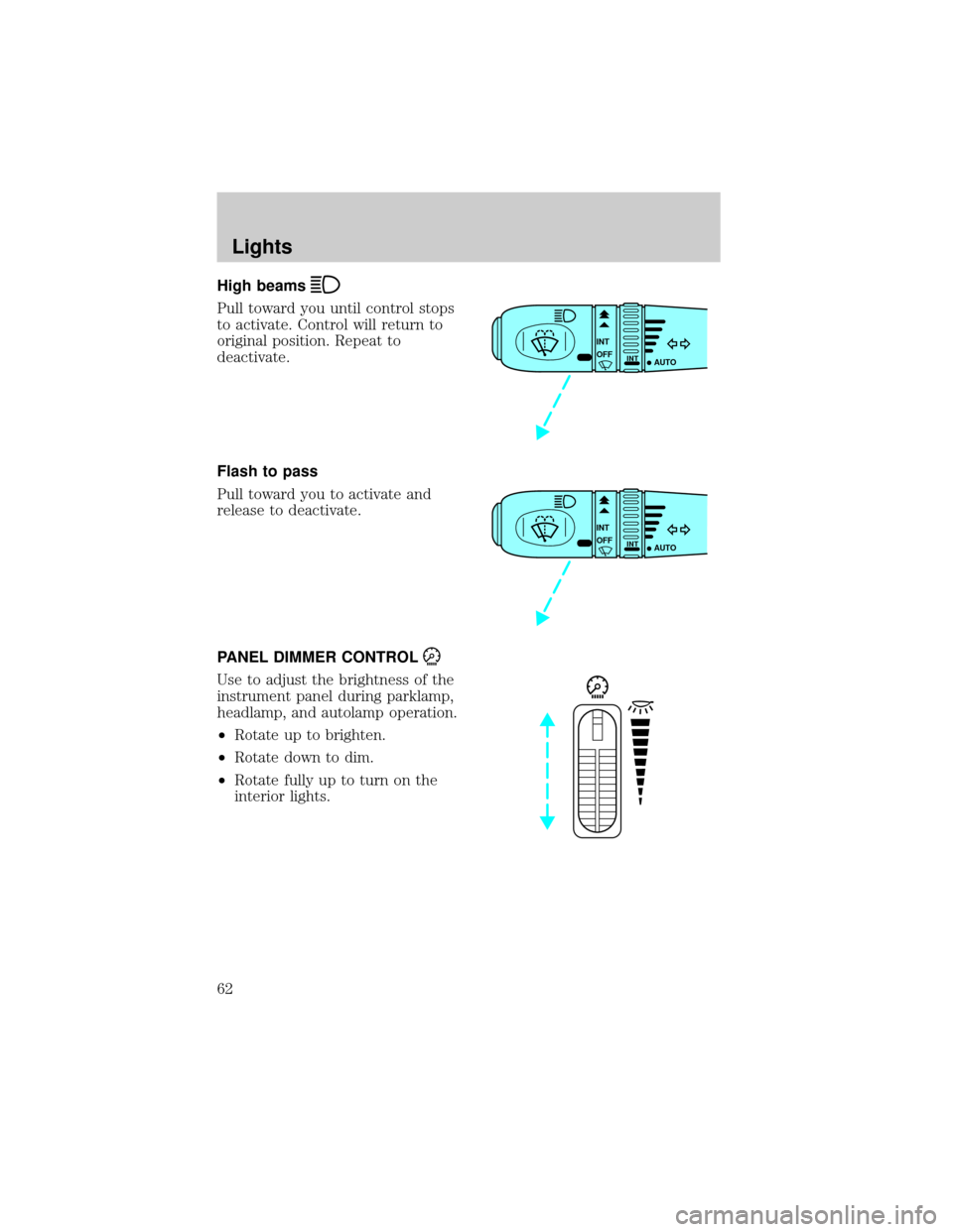 LINCOLN LS 2002 Repair Manual High beams
Pull toward you until control stops
to activate. Control will return to
original position. Repeat to
deactivate.
Flash to pass
Pull toward you to activate and
release to deactivate.
PANEL D LINCOLN LS 2002 Repair Manual High beams
Pull toward you until control stops
to activate. Control will return to
original position. Repeat to
deactivate.
Flash to pass
Pull toward you to activate and
release to deactivate.
PANEL D