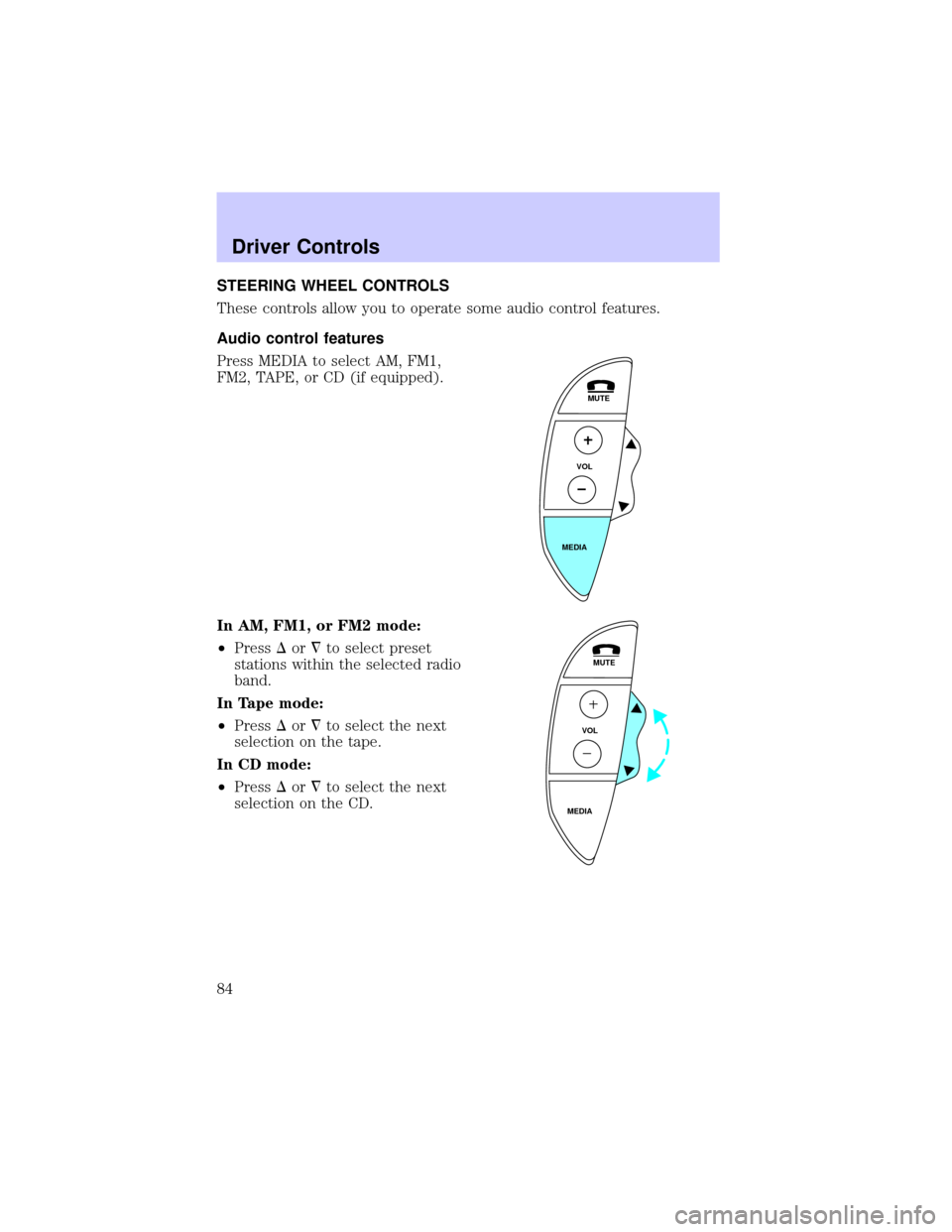 LINCOLN LS 2002  Owners Manual STEERING WHEEL CONTROLS
These controls allow you to operate some audio control features.
Audio control features
Press MEDIA to select AM, FM1,
FM2, TAPE, or CD (if equipped).
In AM, FM1, or FM2 mode:
