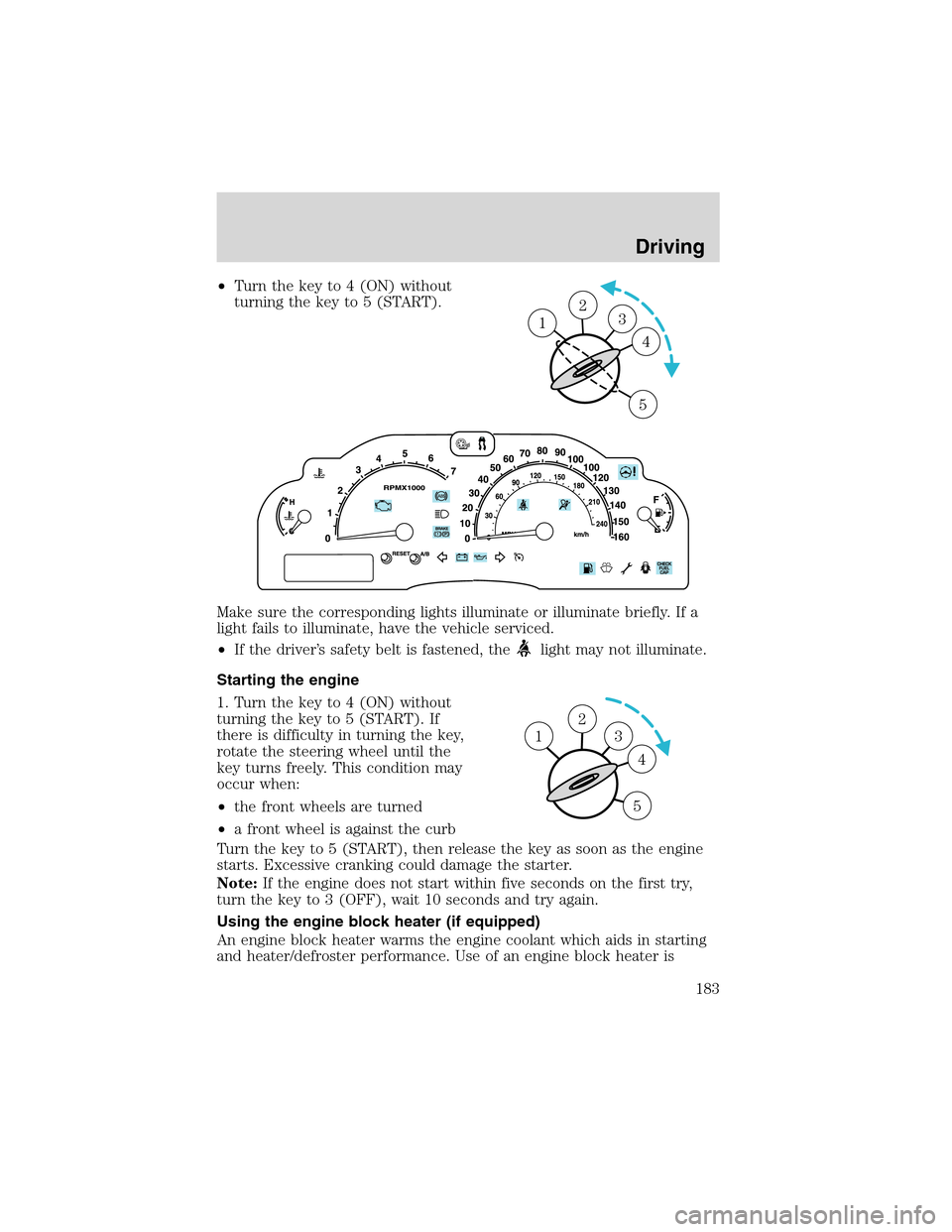 LINCOLN LS 2003  Owners Manual •Turnthekey to 4 (ON) without
turning the key to 5 (START).
Make sure the corresponding lights illuminate or illuminate briefly. If a
light fails to illuminate, have the vehicle serviced.
•If the 