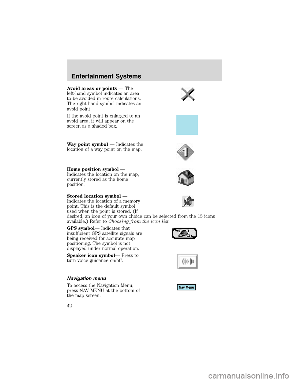 LINCOLN LS 2003  Owners Manual Avoid areas or points—The
left-hand symbol indicates an area
to be avoided in route calculations.
The right-hand symbol indicates an
avoid point.
If the avoid point is enlarged to an
avoid area, it 