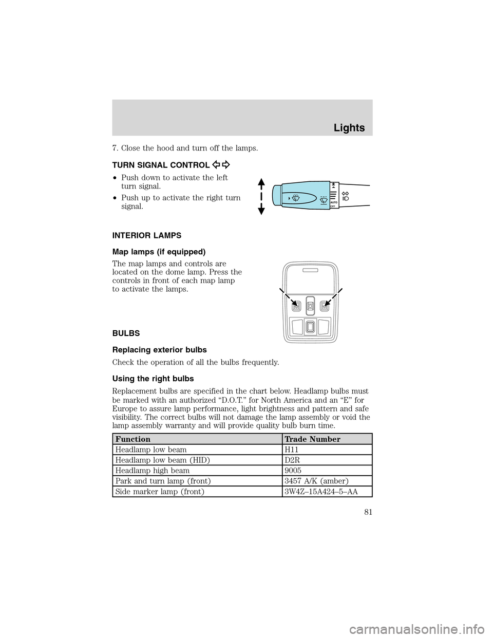 LINCOLN LS 2003 Owners Manual 7. Close the hood and turn off the lamps.
TURN SIGNAL CONTROL
•Push down to activate the left
turn signal.
•Push up to activate the right turn
signal.
INTERIOR LAMPS
Map lamps (if equipped)
The ma LINCOLN LS 2003 Owners Manual 7. Close the hood and turn off the lamps.
TURN SIGNAL CONTROL
•Push down to activate the left
turn signal.
•Push up to activate the right turn
signal.
INTERIOR LAMPS
Map lamps (if equipped)
The ma